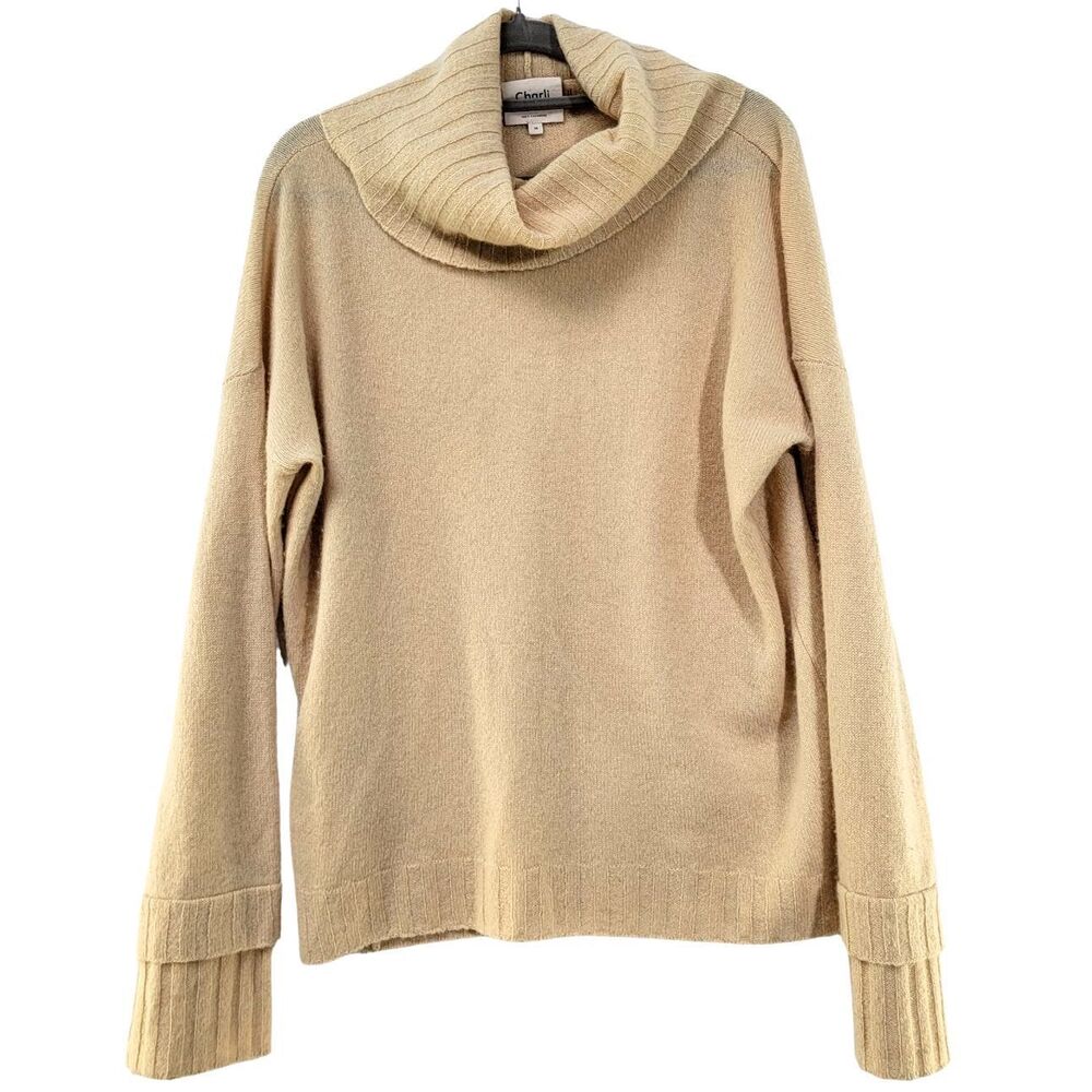 100% Cashmere Cream Cowl Neck Oversized Turtleneck Bell Double Sleeve Sweater XS